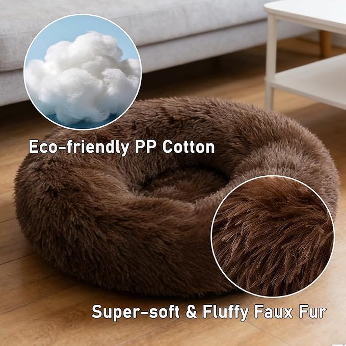 Calming Donut Dog Beds Large Sized Dog - Washable Removable Cover Non-Slip, Round Pet Bed Warming Fluffy Plush Faux Fur Anti-Anxiety Thick Cushion, Fits up to 80 lbs (Coffee, 36")