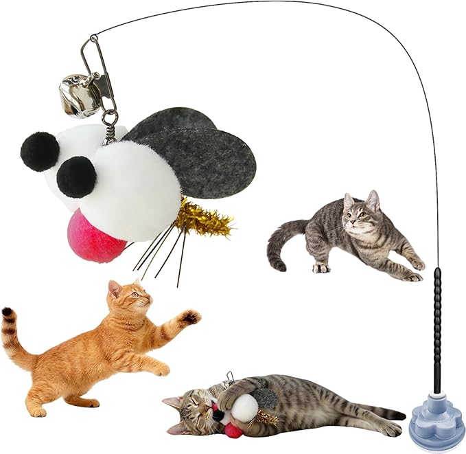 Walfront Cat Toy Wand – Interactive Bug Eye Toy with Bell, Durable Flexible Steel Rod, Blue Suction-Cup Replacement Head, Indoor Exercise & Fun for Kittens & Cats Keeps Pets Active and Stimulated