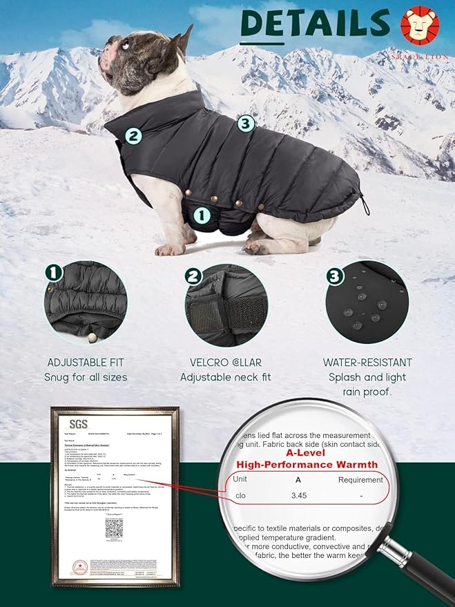 SPACE LION Dog Puffer Jacket, Down Winter Coat, Durable Outdoor Coat for Cold and Windy Conditions, Lightweight & Adjustable Fit Coats for Medium & Large Dogs, (Onyx Black, Size 16 Gift Box)