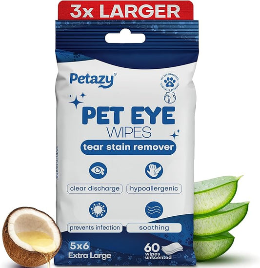 Pet Eye Wipes for Dogs & Cats | 5x6” Hypoallergenic Tear Stain Remover Wipes | 3X Larger Unscented Gentle Eye Wipes to Remove Discharge | 99% Natural Ing. Safe for Sensitive Pets | 60 Wipes