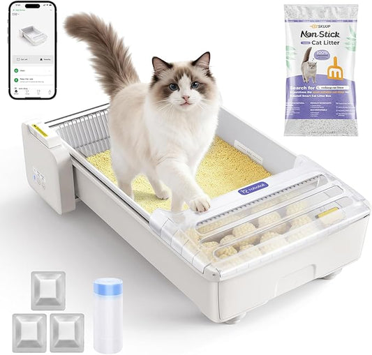 Robotail Automatic Litter Box, Self Cleaning Cat Litter Box with with Roomy Space, Open Top Cat Box for Multi Cats，Include 5Lb Compatible Cassava Litter