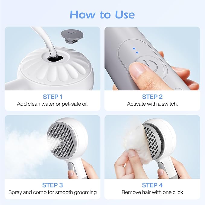 Pet Steam Brush, 3-in-1 Spray Grooming Brush USB Rechargeable, IPX7 Waterproof Deshedding Comb with Self-Cleaning & 2 Speeds for Cats and Dogs with Long Short Hair Cat Brush