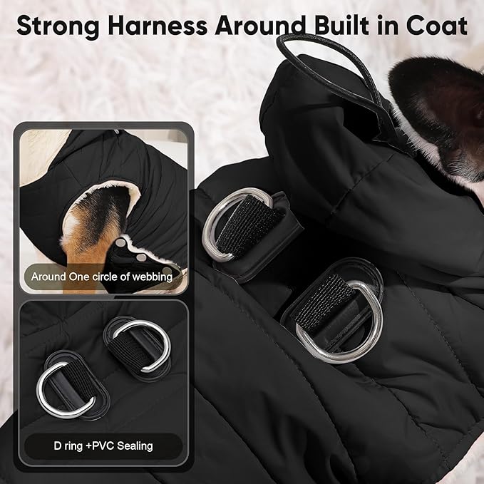 Fleece Lining Dog Hoodie with Harness Built in,Extra Warm Large Dog Jacket in Winter Doggie Coats with Drawstring Hooded,Black XXL