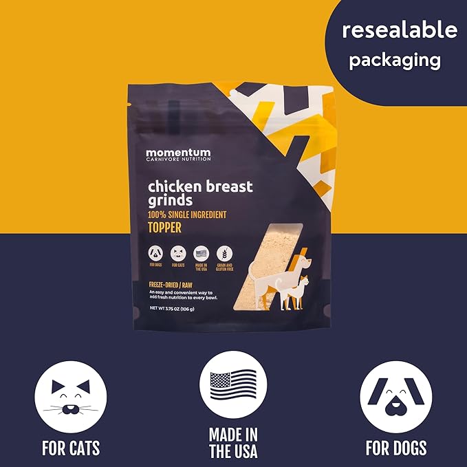 Momentum Carnivore Nutrition Freeze-Dried Chicken Breast Pet Food Topper – Single-Ingredient, All-Natural Topper – High-Protein for Dogs and Cats, Grain-Free and Made in The USA– (3.75 oz Bag)