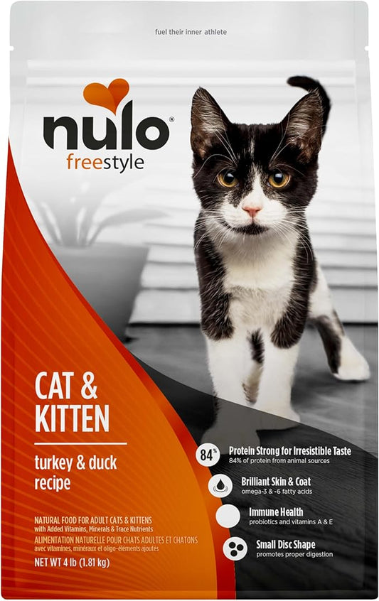Nulo Freestyle High Protein Cat & Kitten Food, Turkey & Duck Recipe - Natural Grain-Free Dry Cat Food with Omega Fatty Acids & Probiotics, 4 lb Bag