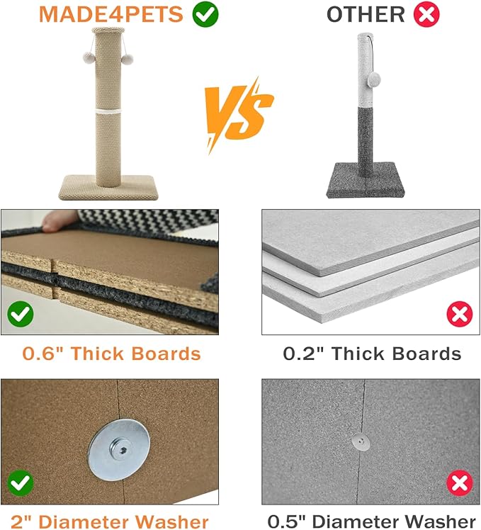 Made4Pets Tall Cat Scratching Post, 23.6" Modern Cat Scratcher with Hanging Balls, Heavy Duty and Thicker Scratching Post for Indoor Cats Adults, Sturdy Base Cat Scratch Post, Beige