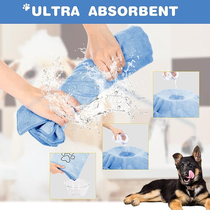 Chumia 4 Pack Dog Towels for Drying Large Microfiber Grooming Tools Absorbent Soft Bath Supplies with Embroidered Paw for Small Medium Pet Products (30 x 50 Inch,Light Blue)