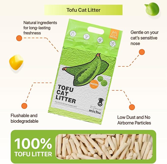 Michu Tofu Cat Litter Natural Clumping Tofu Cat Litter, Fast Clumping and Easily Scoop-able 5.5lb/88oz 5 Scents - Original + Greentea, 2 Pack