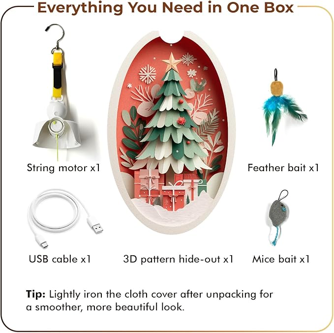 Interactive Cat Toys for Indoor Cats, Automatic Concealed Hide and Seek Hanging Feather Cat Toy, Rechargeable Motion-Activated Enrichment Toys for Bored Adult Cats (Christmas Tree Pattern）