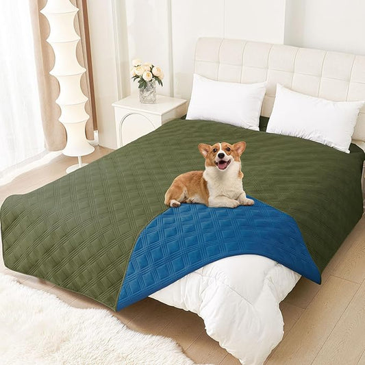 hyha Waterproof Dog Blanket, Reversible Pet Bed Blanket, Soft Sofa Couch Cover for Dogs Washable, Waterproof Pet Couch Covers for Sofa Puppy Cats Furniture Protector(82"x82", Green/Navy Blue)