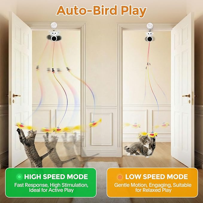 Interactive Cat Toys for Indoor Cats - 2 in 1 Automatic Laser Pointer Cat Toy with Feather Flying Bird，Smart Moving Mouse Wand Toy with 2 Modes, Auto On/Off Hanging Toys for Bored Kitten & Adult Cats