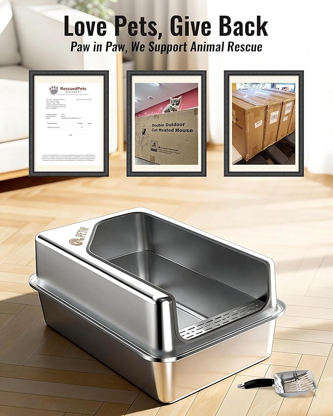 PETNF All Metal Cat Litter Box - All Stainless Steel Litter Box, Odor-Free Large Capacity with Included Litter Scoop, Leak-Proof High-Sided, Easy-to-Maintain for Big Cats & Multi-Cat Homes (2 Pack)