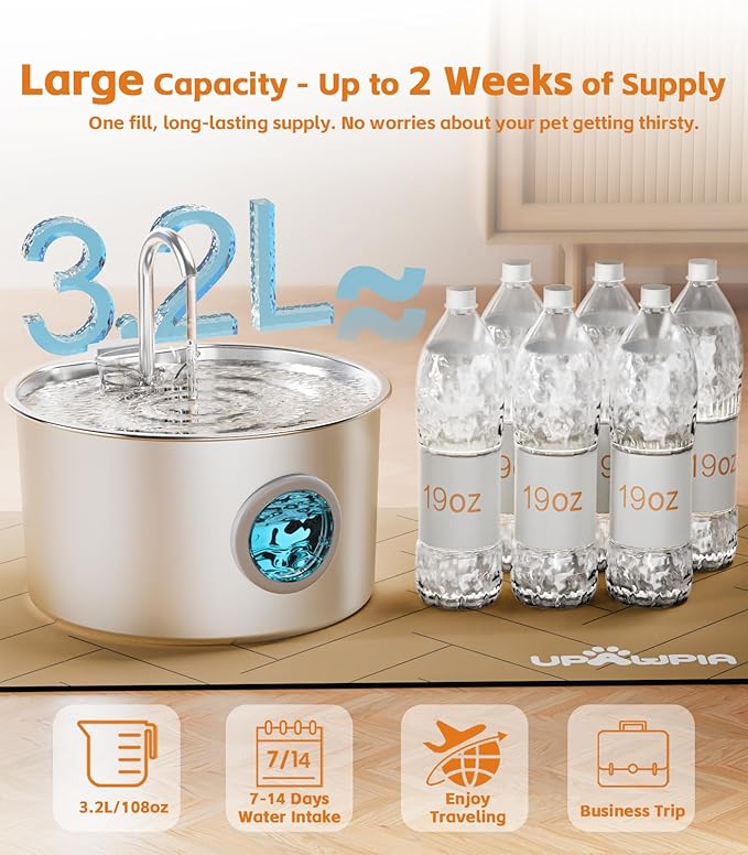108oz/3.2L Stainless Steel Cat Water Fountain with Detachable Tank, Easy to Clean & Assemble, Pet Drinking Dispenser with Quiet Operation & LED Light, Gifts for Christmas, Cats, Dogs and Small Pets