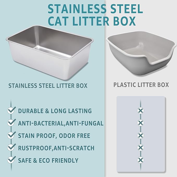 Stainless Steel Litter Box -6in High Side,Metal Litter Box for Cat/Kitty/Rabbits 17" L x 13.8" W x 6" H，Stainless Steel Cat LitterBox-Metal PanToilet,No Smell, Non Stick, Easy Clean