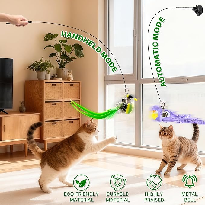 Cat Toys for Indoor Cats – Interactive Bird Teaser Wand Set with Suction Cup Base & Realistic Bird Pendant. Self-Play Toy for Active Cats, Jumping, Hunting & Chasing. Ideal for Indoor Fun & Bonding
