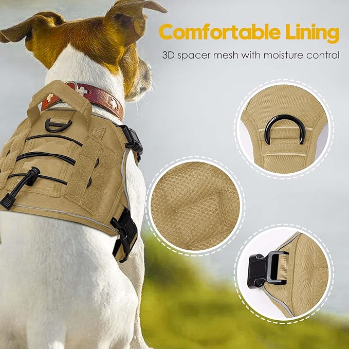Heavy-Duty Tactical Dog Harness for Large Dogs, No Pull Adjustable Reflective Pet Vest with Molle System, K9 Military-Grade Control for Service Training, Outdoor & 10+ Breeds, Khaki, Small