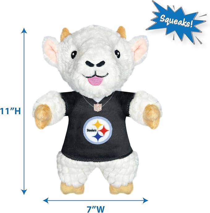 Pets First NFL Pittsburgh Steelers Goat Plush Toy for Dogs and Cats with Squeaker, Wearing a Team Jersey! Fun & Sporty Goat Shaped Dog Chew Toy, Interactive Pet Toy