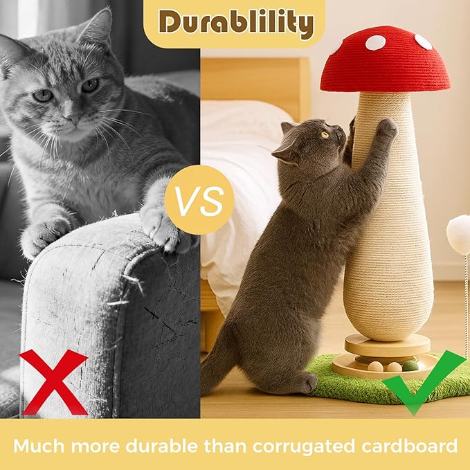 Cat Scratching Tower - Indoor Scratcher for Adult Felines, Playful Kitty Tree with Catnip Ball Track and Spring Fur Ball, Sturdy Sisal Scratching Post Toy 25.2'' - Red Mushroom