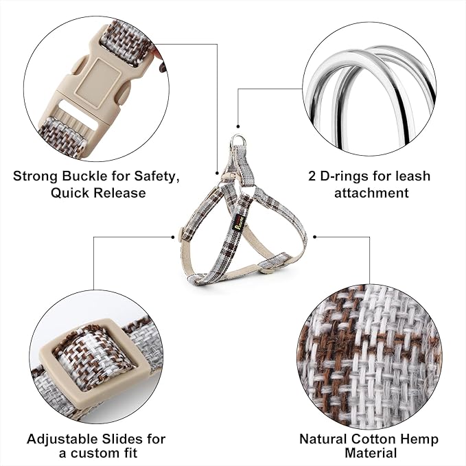 Plutus Pet Cotton Hemp Step in Dog Harness, Sustainable, Lightweight and Escape-Proof, Quick Fit Dog Harness for Puppy Small Medium and Large Dogs, Gray Plaid, XS