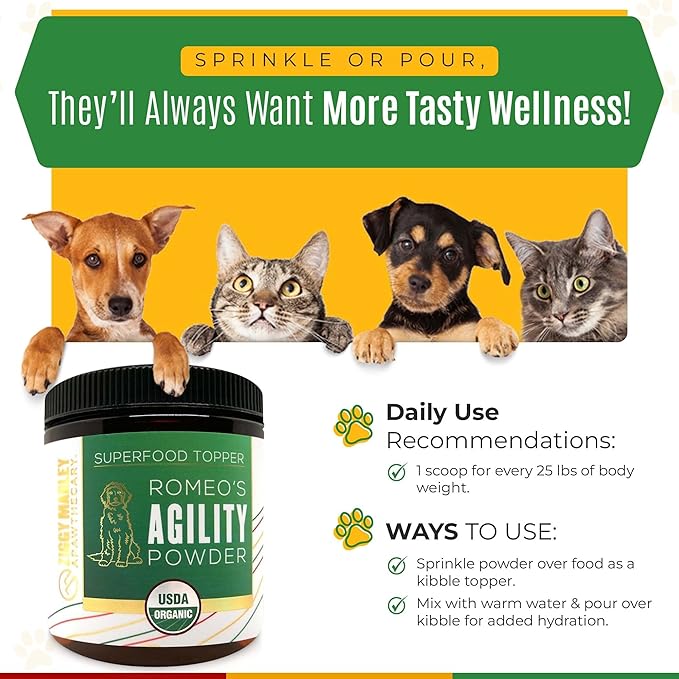Organic Agility Superfood Powder for Dogs & Cats – Support Agility & Mobility - USDA Organic Bone Broth, Turmeric, & 3 Functional Mushrooms