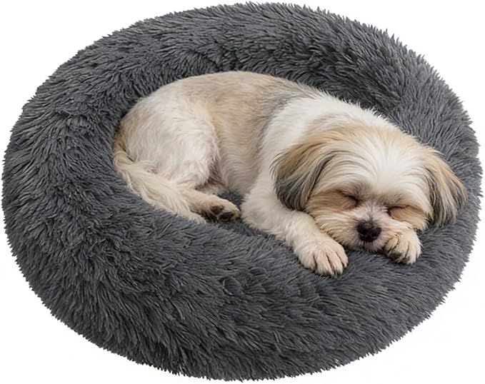 Calming Donut Dog Beds for Small Dogs Cats - Washable Removable Cover Non-Slip Bottom, Round Pet Bed Puppy Bed Warming Fluffy Faux Fur Anti-Anxiety, Fits up to 25 lbs (Dark Grey, 23")