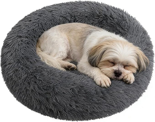 Calming Donut Dog Beds for Small Dogs Cats - Washable Removable Cover Non-Slip Bottom, Round Pet Bed Puppy Bed Warming Fluffy Faux Fur Anti-Anxiety, Fits up to 25 lbs (Dark Grey, 23")