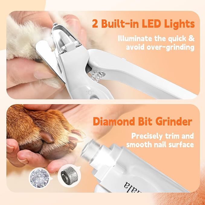 2-in-1 Dog Nail Clippers & Dog Nail Grinder with 2 LED Lights, Ultra-Quiet, USB Rechargeable, Multiple Grinding Methods, and Splash Guard for Small, Medium, and Large Dogs & Cats (White)