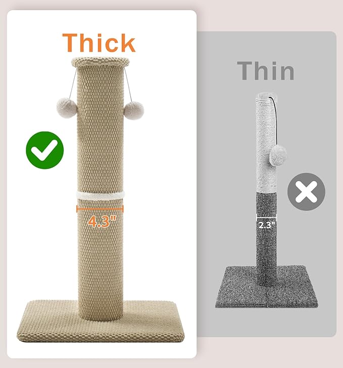 Made4Pets Tall Cat Scratching Post, 33" Modern Cat Scratcher with Hanging Balls, Heavy Duty and Thicker Scratching Post for Indoor Cats Adults, Sturdy Base Cat Scratch Post, Beige