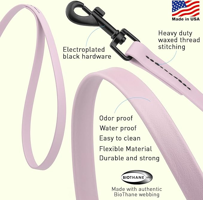 Dogline Biothane Waterproof Dog Leash Strong Coated Nylon Webbing with Black Hardware Odor-Proof Easy to Clean High Performance for Small or Large Dogs Made in USA 2 ft Lead, Pastel Purple