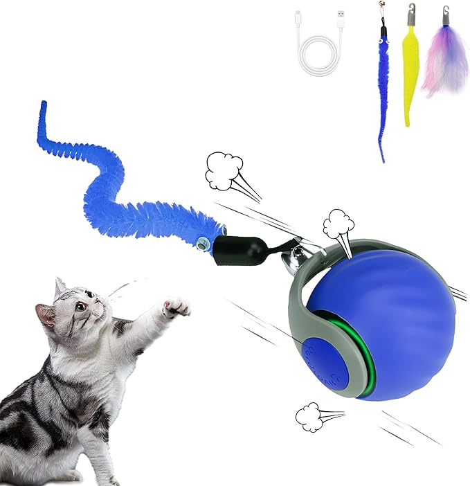 Vrurc Interactive Cat Toy Ball-Speedy with Feather & 3 Tails,Motion Activated Auto Roll,2 Speeds Rechargeable,Indoor Cat Stimulation, Enrichment,Keeps Busy,Durable (Blue)
