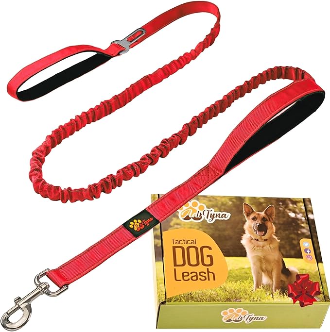ADITYNA Tactical Bungee Dog Leash 6ft-7.5ft - Shock Absorbing Lead with 2 Padded Handles, Metal Clasp, Car Seatbelt - Heavy Duty No Pull for Medium, Large & XL Breeds