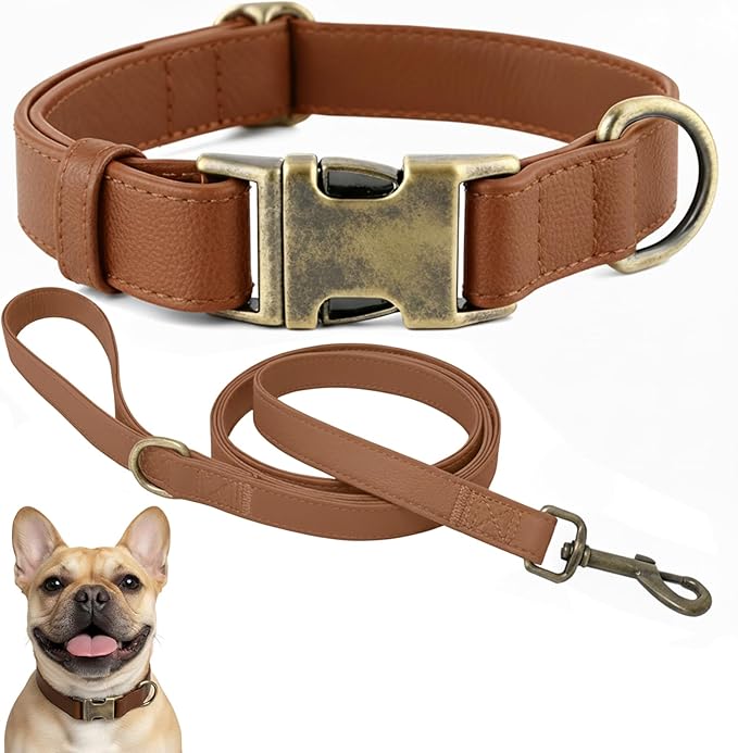 Silicone Dog Collar and Leash Set, Waterproof & Odor-Proof Puppy Collar for Small Dogs, Soft Flexible Leather-Look Dog Collars, Durable Thick Adjustable Pet Collar (Brown, Small (9-14" Neck))