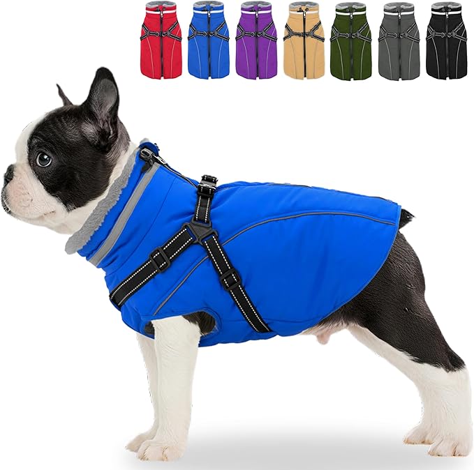 Fragralley Dog Coat with Harness Built in, Waterproof Windproof Reflective Warm Puffer Jacket, Fleece Lined Vest Winter Parka for Small, Medium, Large Dogs