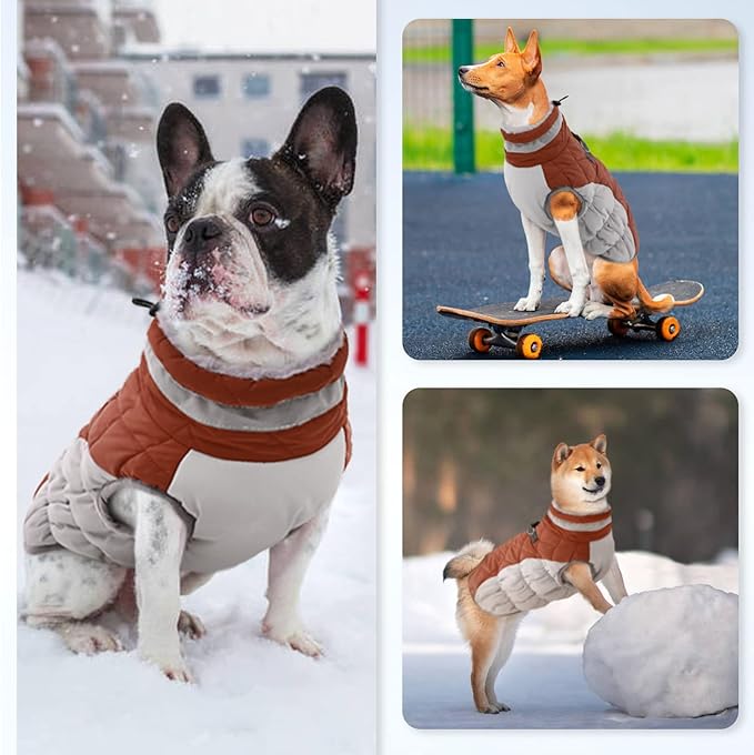 Winter Dog Coat,Large Dog Jacket,Waterproof Pet Jacket with Back Zipper,Pet Coat with Harness Built in,Warm Dogs Coat with Fleece Lined,Snow Jacket Clothes French Bulldog Shiba Inu,Brown,L