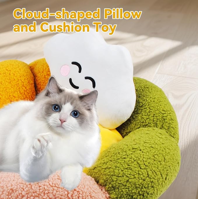 Cute Flower Cat Bed for Indoor Kittens,Calming Donut Bed with Cloud Pillow Washable Fluffy Cat Sleeping Nest Anti-Slip Bottom for Small Pet Kitten