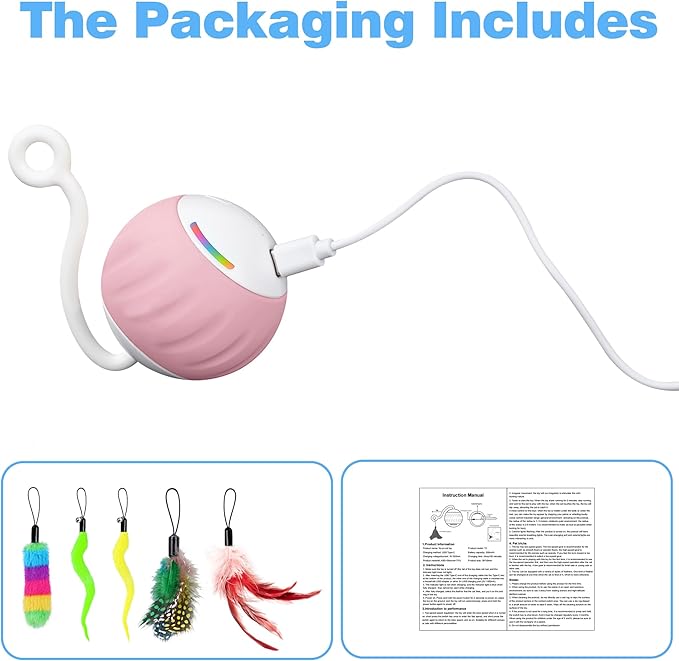 Interactive Cat Toy for Indoor (Sounds&Touch Control) Smart Cat Toys - Automatic Moving Cat Ball Toy - Fast Slow 2Speed with Feathers Tail&Lights for Kittens, Older Cats, Bored Cats, USB Rechargeable