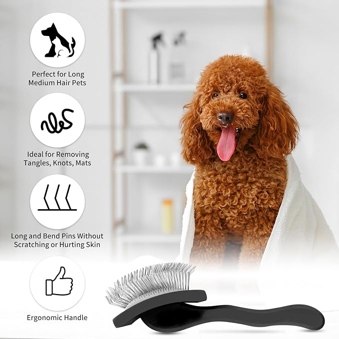 Slicker Brush for Dogs, Long Pin Dog Grooming Brush for Goldendoodles, Poodles, Doodles, Includes Pet Comb & Undercoat Rake, Perfect for De-Shedding, Dematting & Reducing Tangles. Large, Black