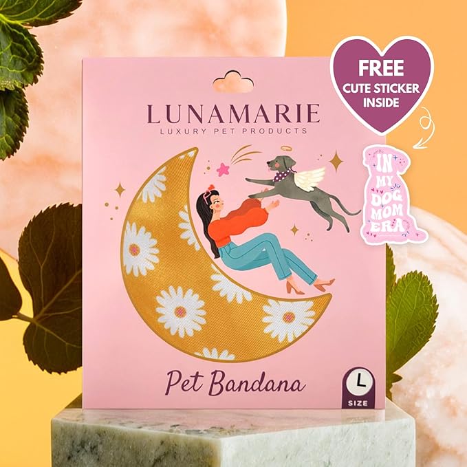 LunaMarie - Luxury Pet Birthday Bandanas -Premium & Silky Poly Fabric | 100% Handmade | Custom Shape Dual Layered (Daisies, Large)