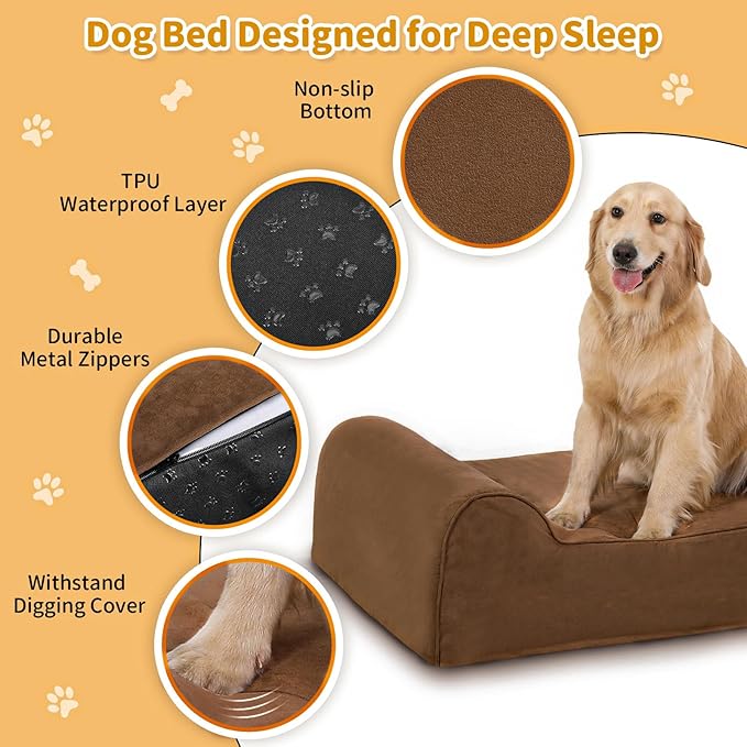 Orthopedic Dog Beds for Large Dogs, 7" Memory Foam Dog Beds with Waterproof Liner, Chew Proof Microsuede Cover, Removable and Washable, Nonskid Bottom, 48"x30"x7" L Chocolate