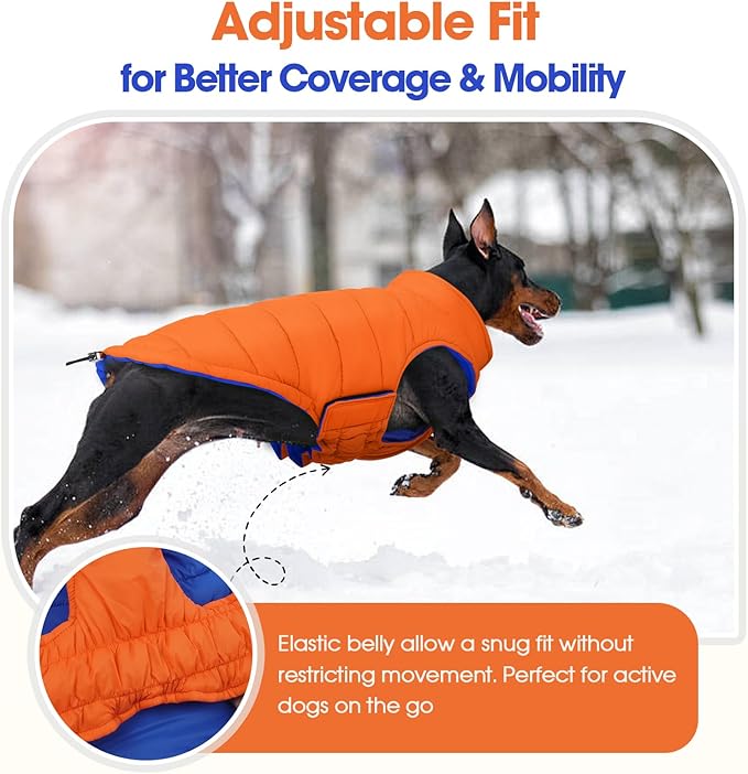 QBLEEV Reversible Dog Coat for Large Dogs, Waterproof Windproof Winter Jacket Keeps Big Breeds Warm & Dry, Adjustable Hook & Loop Puffer Vest, Orange, 3XL – Fits Labrador, Weimaraner, Great Dane