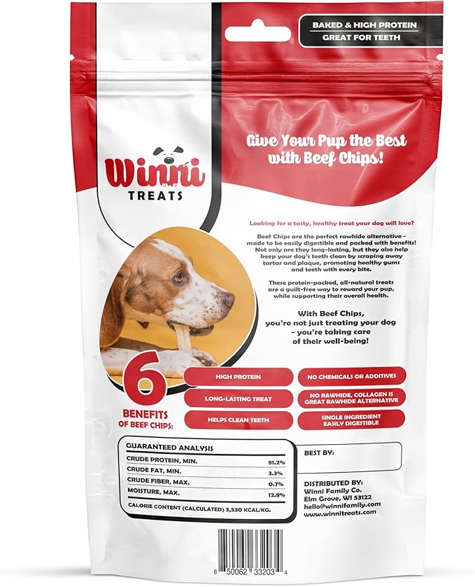 Winni Treats Beef Cheek Chips for Dogs - Single Ingredient, Preservative-Free, Premium Beef Cheeks, Not Rawhide, High in Protein, Low in Fat, Rich in Collagen, Long Lasting Dog Chews Treat (5 Pieces)
