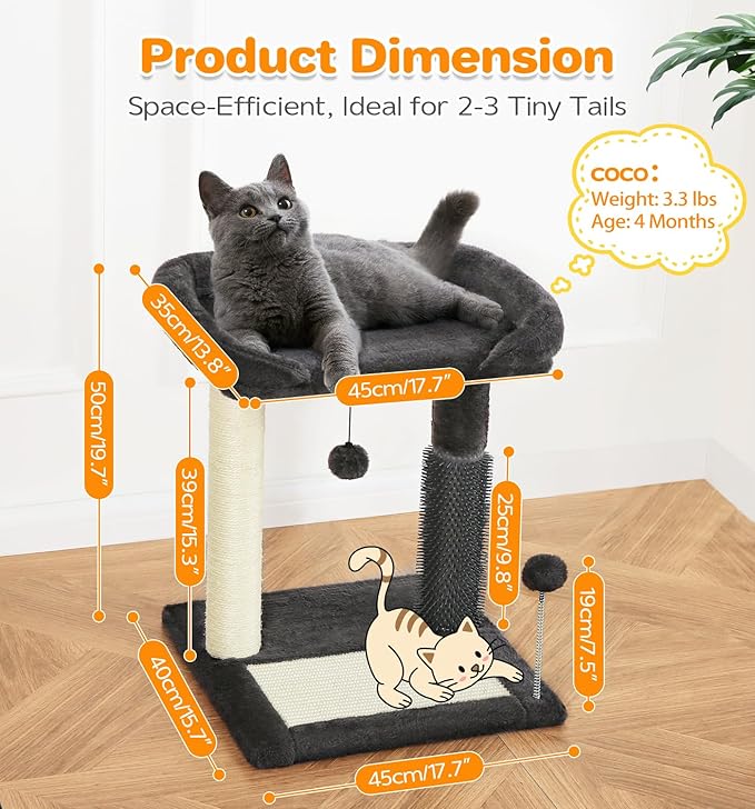 Made4Pets Small Cat Tree Tower, Cat Scratching Post 4-in-1 with Cat Self Groomer Brush, 20" Tall Natural Sisal Cat Scratcher, Soft Plush Cat Perch Bed with Dangling Ball for Indoor Kittens, Dark Grey