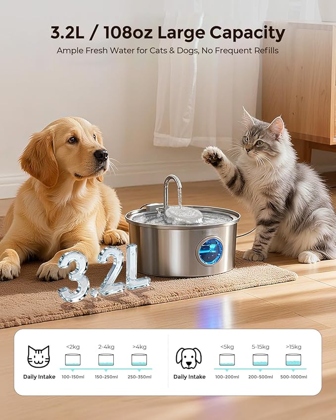 Cat Water Fountain Stainless Steel, 3.2L/108oz Pet Drinking Fountain for Cats Dogs, Automatic Cat Fountain with 2 Flow Modes, Splash-Proof Bowl, Includes 4 Replacement Filters