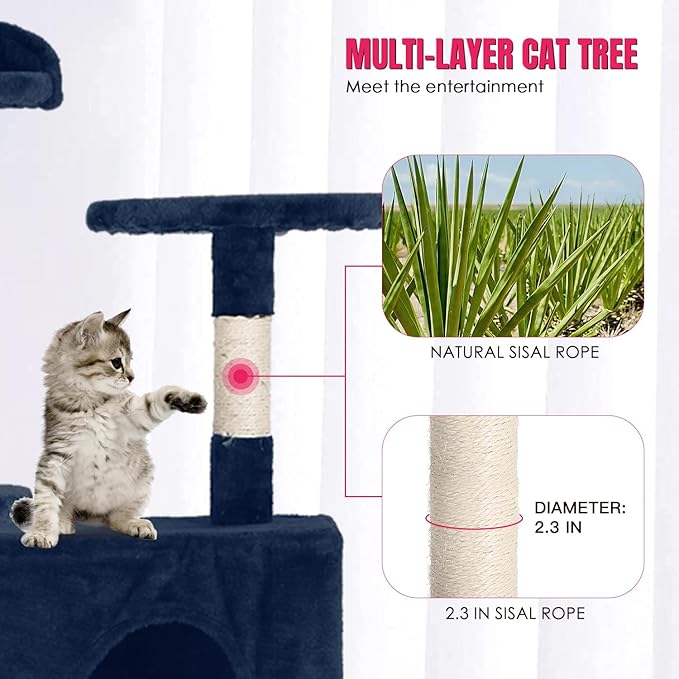 PayLessHere 70in Multi-Level Cat Tower with Scratching Post, Cat Condo Stand House Furniture Kitty Activity Center, Navy Blue