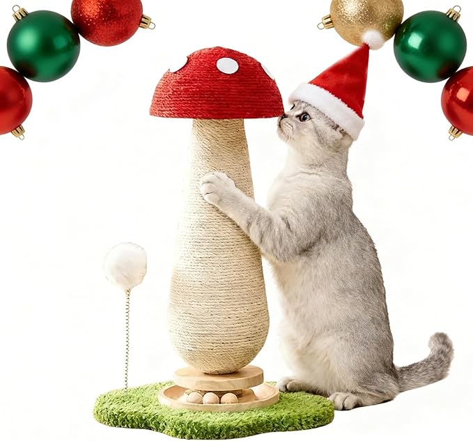 Cat Scratching Tower - Indoor Scratcher for Adult Felines, Playful Kitty Tree with Catnip Ball Track and Spring Fur Ball, Sturdy Sisal Scratching Post Toy 25.2'' - Red Mushroom