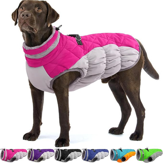 Large Dog Coat, XXLarge Dog Winter Coat, Waterproof Pet Jacket with Back Zipper,Extra Large Pet Coats, Warm Fleece Jacket with D-Ring, Windproof Winter Clothes Golden Retriever,Rose Red,XXL