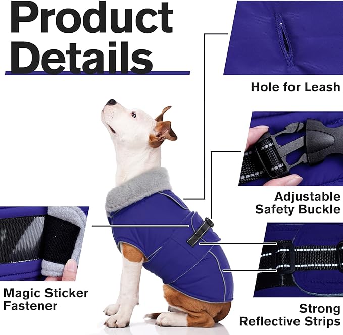 Lelepet Warm Dog Coat Reflective Fleece Vest Waterproof Dog Jacket with Adjustable Buckle Hook & Loop Windproof Cold Weather Coats for Small Medium Large Dogs, Blue, L