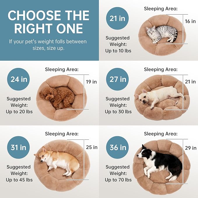 OhGeni 31 inches Calming Donut Orthopedic Dog & Cat Bed for Medium Pets, Warming Comfort Fluffy Short Pile Fur, Durable Waterproof Machine Washable Removable Cover, Cute Round Bed for Puppy, Camel