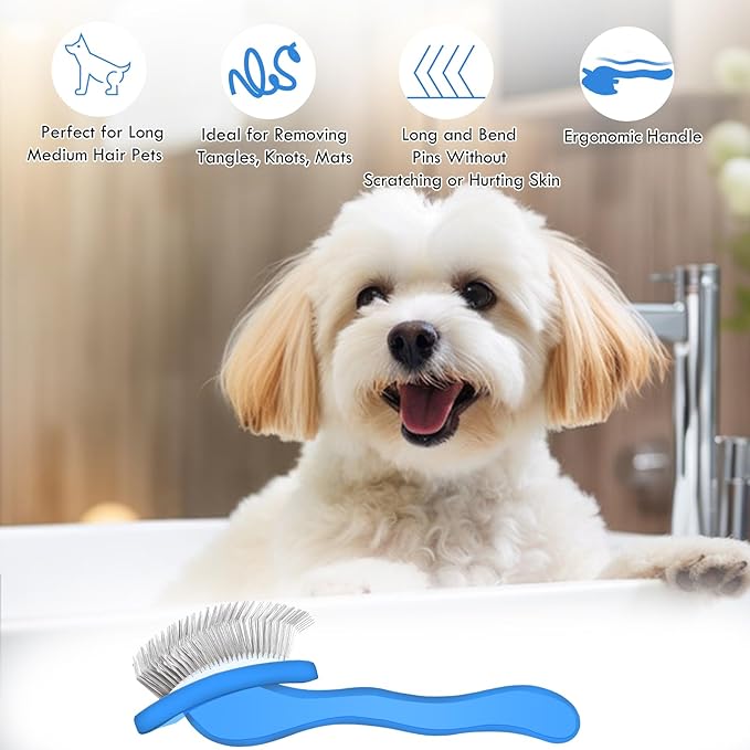 Large Dog Slicker Brush for Shedding & Curly Coat, Long Hair Dogs & Cats, Doodles, Poodles & Goldendoodles, Long Pin Grooming Brush with Wooden Handle, 3 Pcs Comb Set for Mats Tangles. Blue