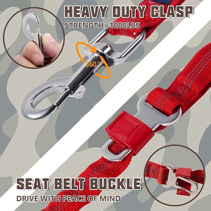 AUROTH Heavy Duty Bungee Dog Leash for Large Breed Dogs, No Pull for Shock Absorption with Car Seat Belt, 2 Padded Handles 4.5Foot 6Foot Training Dog Leash Red